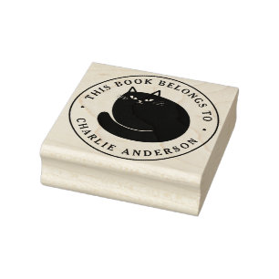 Black cat kitten bookplate library book rubber stamp