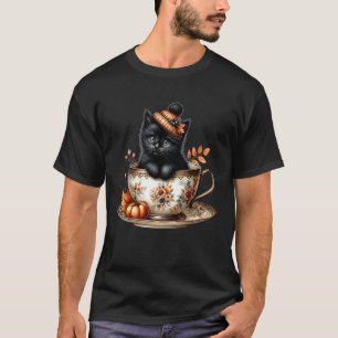 Black Cat Kitten in Floral Coffee Mug Cute Autumn T-Shirt