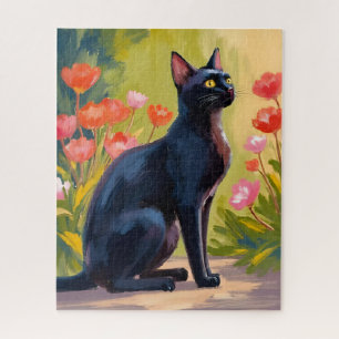 Black Cat Kitten Pet Watercolor Flowers Painted Jigsaw Puzzle