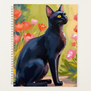 Black Cat Kitten Pet Watercolor Flowers Painted Planner