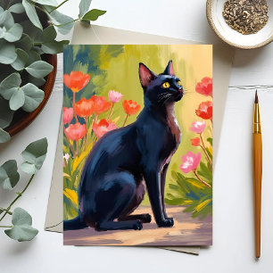 Black Cat Kitten Pet Watercolor Flowers Painted Postcard