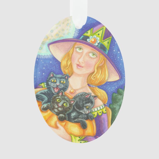 BLACK CAT KITTENS & WITCH HALLOWEEN ORNAMENT Oval (Front)