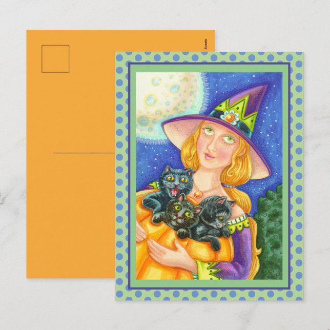 BLACK CAT KITTENS & WITCH HAPPY HALLOWEEN HOLIDAY POSTCARD (Front/Back)