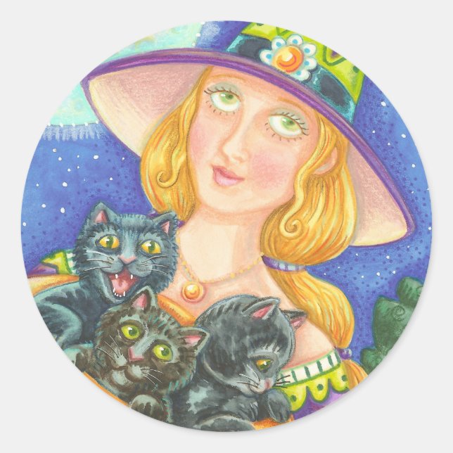 BLACK CAT KITTENS & WITCH STICKERS SHEET Round (Front)