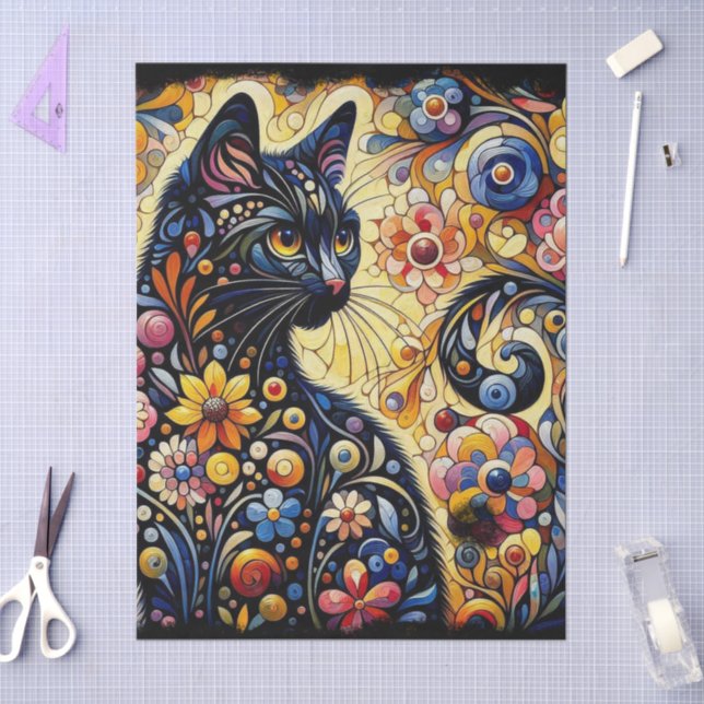 Black Cat Kitty Floral Whimsical Decoupage Tissue Paper (Craft)