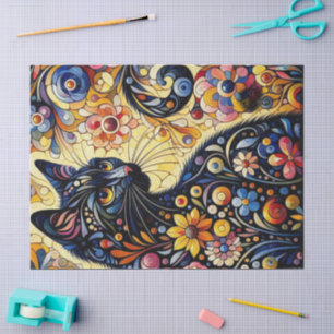 Black Cat Kitty Floral Whimsical Yellow Decoupage Tissue Paper
