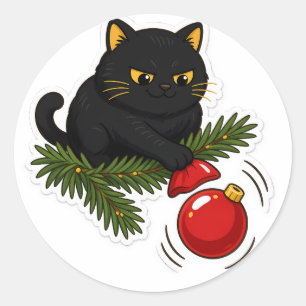 Black Cat Knocking Off Christmas Bauble Funny Cat Classic Round Sticker