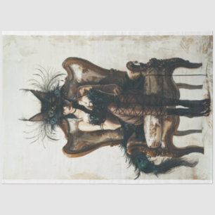 Black cat lady in black and peacock decoupage tissue paper