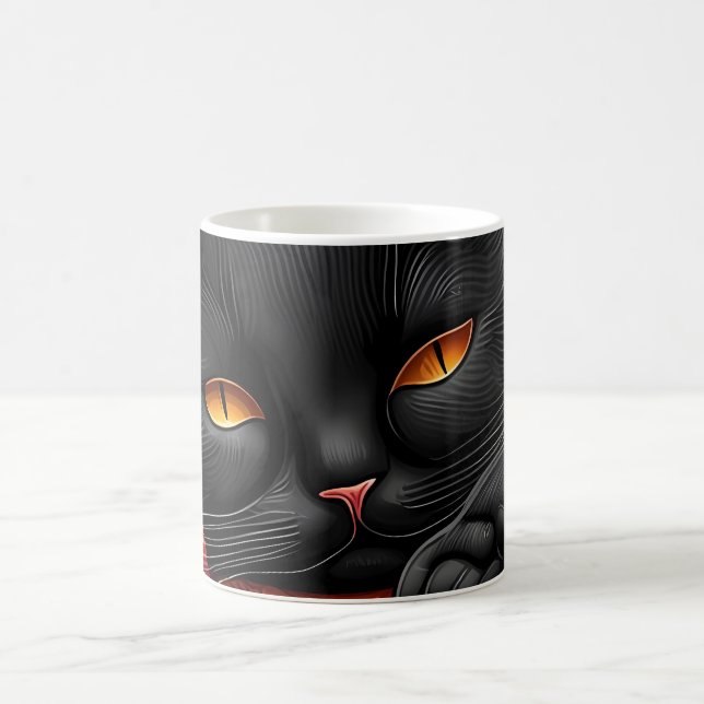 Black cat laying in front of a fireplace coffee mug (Center)