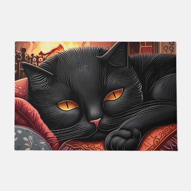 Black cat laying in front of a fireplace doormat (Front)