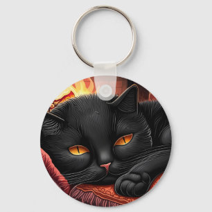 Black cat laying in front of a fireplace key ring