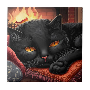 Black cat laying in front of a fireplace tile