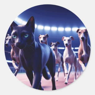 Black Cat Leading Pack Of Dogs At Dog Track Classic Round Sticker
