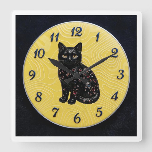 Black Cat Lemon + Black Dial Square Wall Clock (Front)