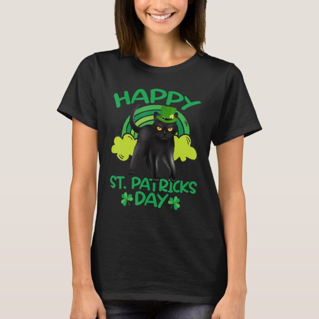 Black Cat Leprechaun Shamrock St Patrick's Day Cat T-Shirt (Front)