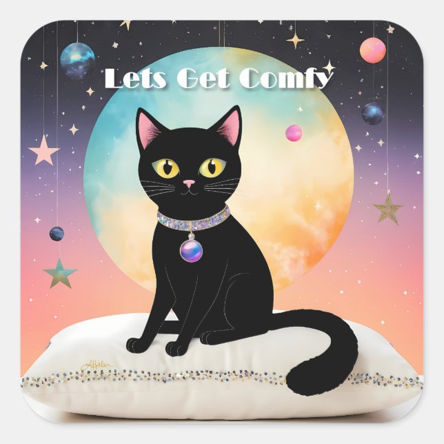 Black Cat - Lets Get Comfy Square Sticker (Front)