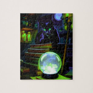 Black cat lingers in witch's Lair Jigsaw Puzzle