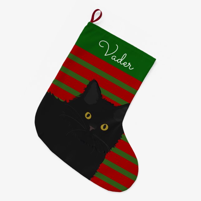 Black Cat Long Hair Personalised Large Christmas Stocking (Front (Hanging))