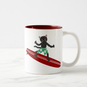 Black Cat Longboard Surfer Two-Tone Coffee Mug