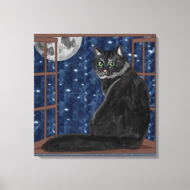 Black Cat Looking at the Moon and Stars  Canvas Print (Front)