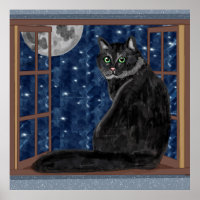 Black Cat Looking at the Moon and Stars 