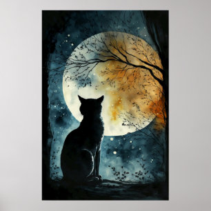 Black cat looking at the Moon Poster