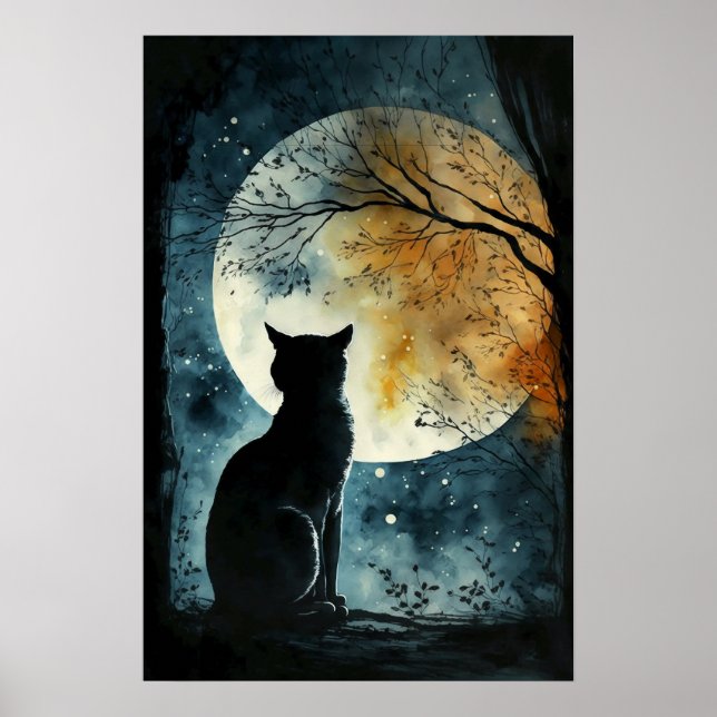 Black cat looking at the Moon Poster (Front)