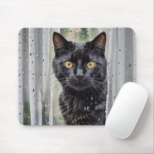 Black Cat Looking Out of Wet Window Mouse Mat