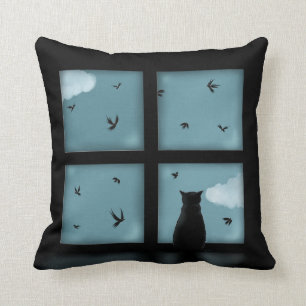 Black Cat Looking Out Window At Heaven Cushion