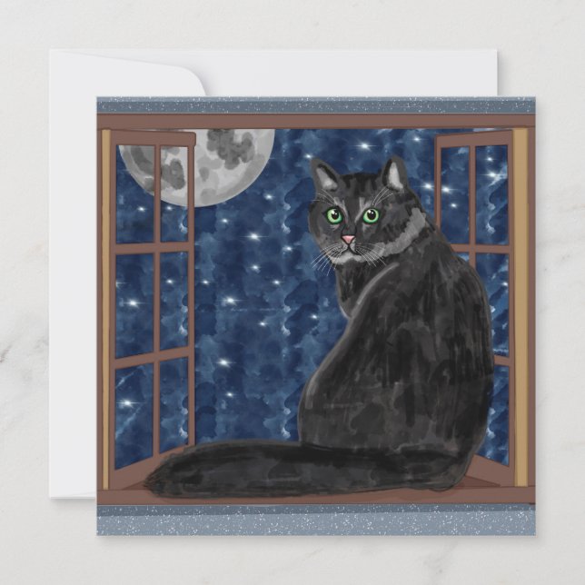 Black Cat Looking out Window at Stars and Moon  Card (Front)