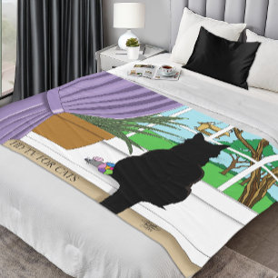Black Cat Looking Out Window Fleece Blanket