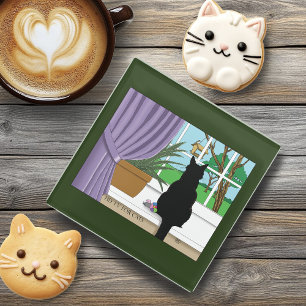 Black Cat Looking Out Window Glass Coaster