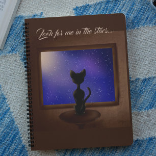 Black Cat looking out window night sky stars  Notebook