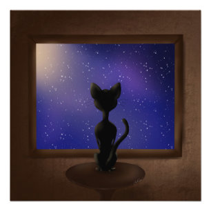 Black Cat looking out window night sky stars  Photo Print