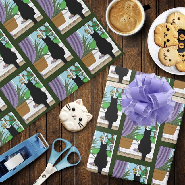 Black Cat Looking Out Window Wrapping Paper (Creator Uploaded)