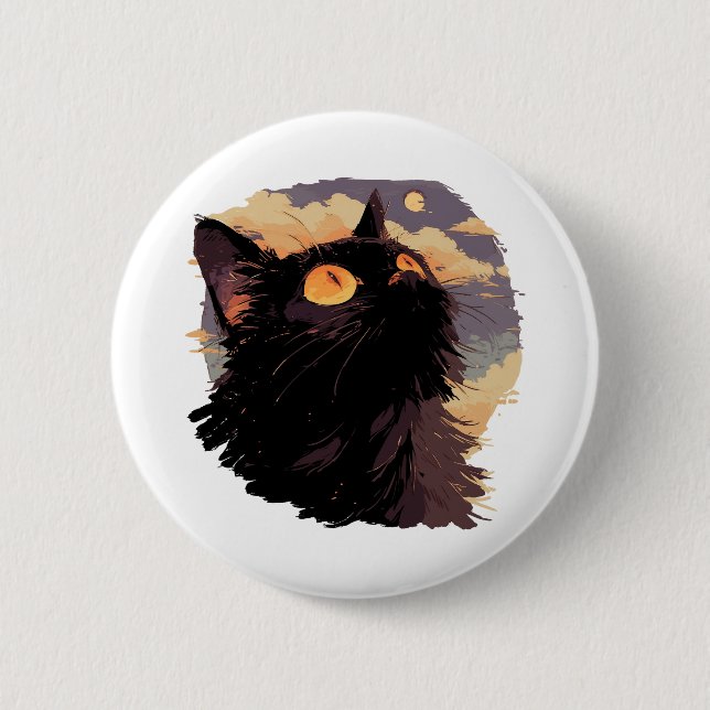 Black cat looking up with mystical night 6 cm round badge (Front)