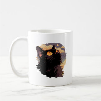Black cat looking up with mystical night coffee mug