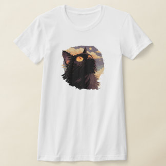 Black cat looking up with mystical night T-Shirt