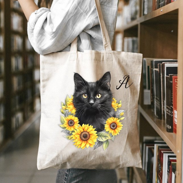 Black Cat Love Sunflowers Initial Tote Bag (Creator Uploaded)