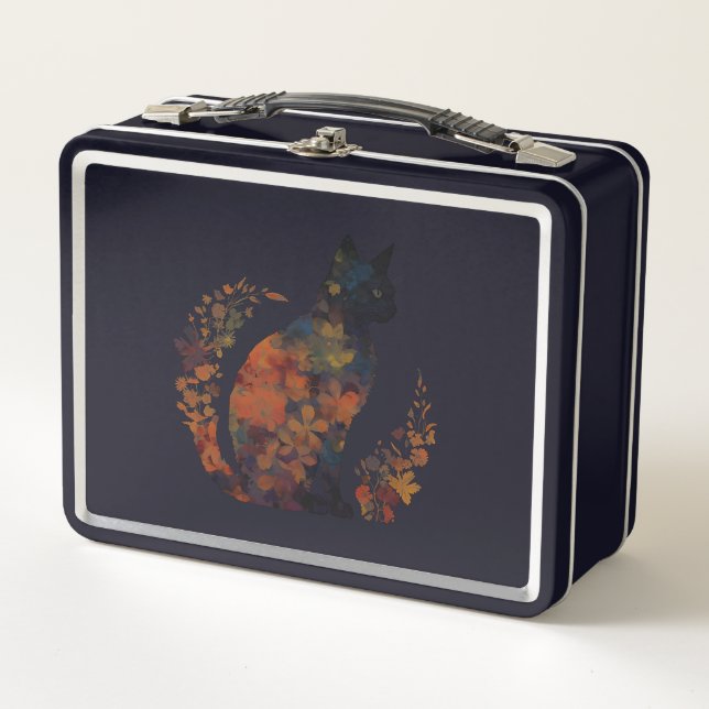Black Cat Lover Costume Floral Flower Scary Hallow Metal Lunch Box (Front)