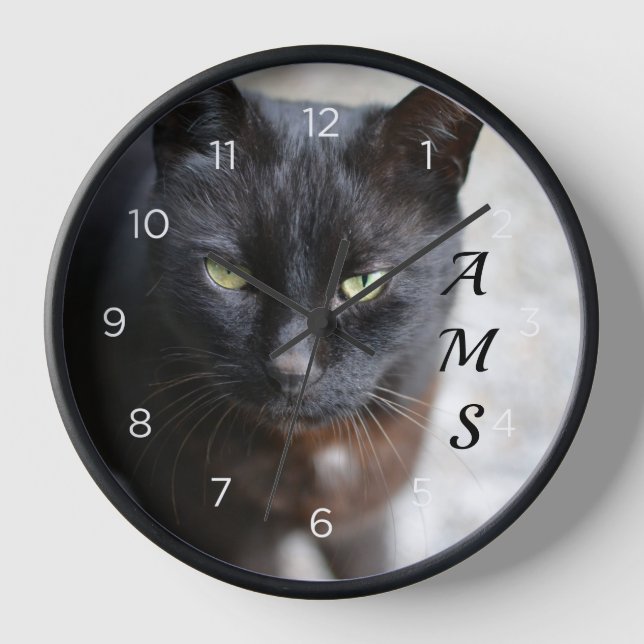 Black Cat Lover Image Initials Clock (Front)
