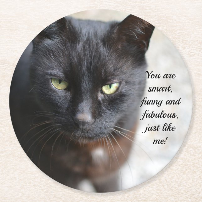 Black Cat Lover Image with Motivational Quote Round Paper Coaster (Front)
