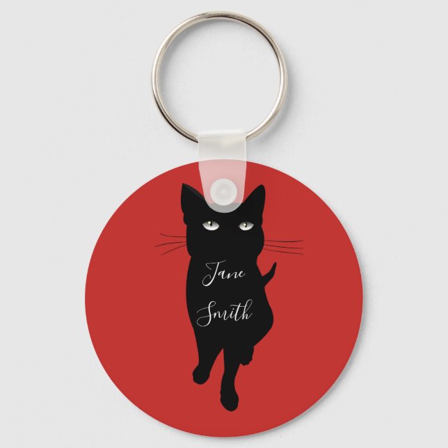 Black cat lover personalised name key ring (Front)
