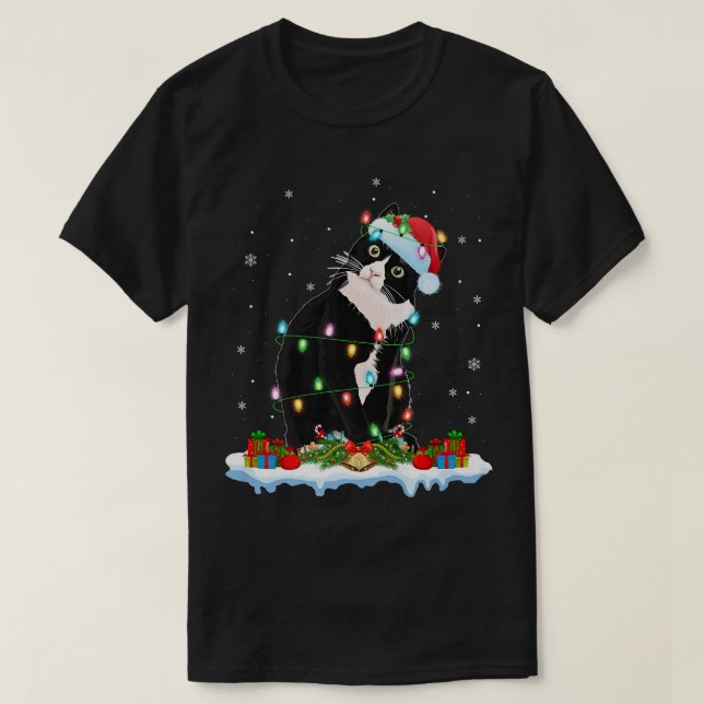 Black Cat Lover Xmas Lights Santa Black Cat Christ T-Shirt (Design Front)
