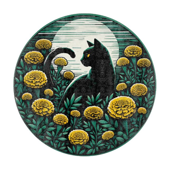 Black Cat marigold Art Black Cats Artwork          Cutting Board (Front)