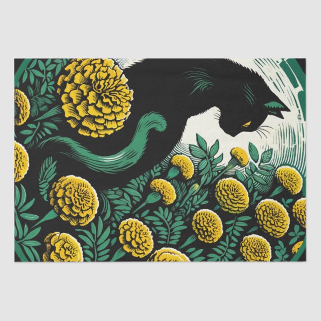 Black Cat marigold Art Black Cats Artwork          Tissue Paper (Front)