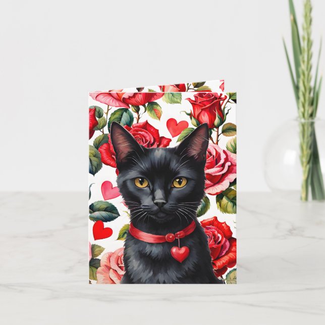 Black Cat Maximalist Roses & Hearts Pun Valentine Card (Front)