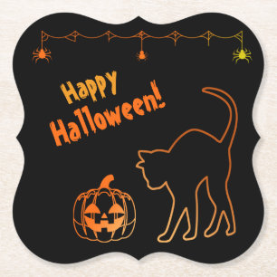 Black Cat meets Jack-o-Lantern Halloween Paper Coaster