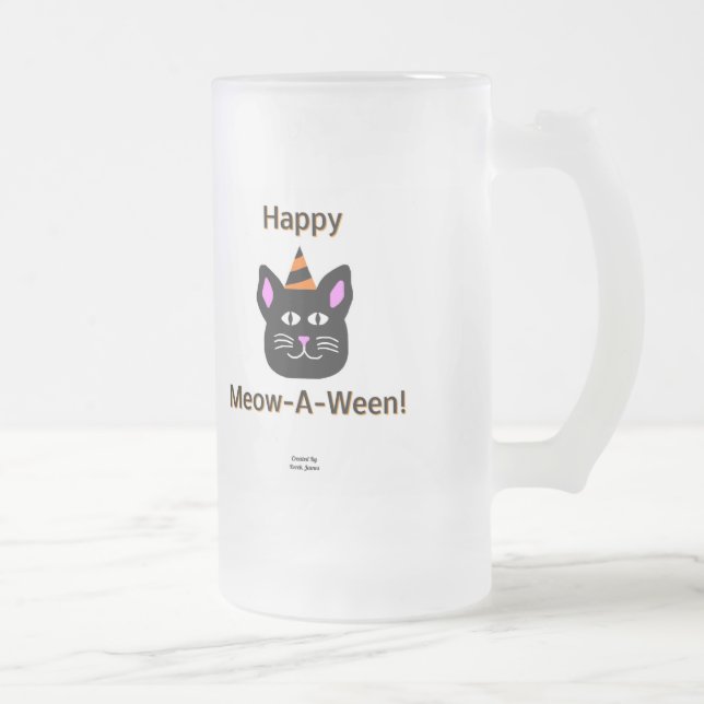 Black Cat Meow-A-Ween Large Frosted Glass Mug (Right)