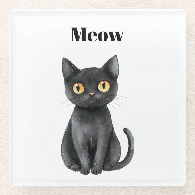 Black Cat Meow   Glass Coaster (Front)